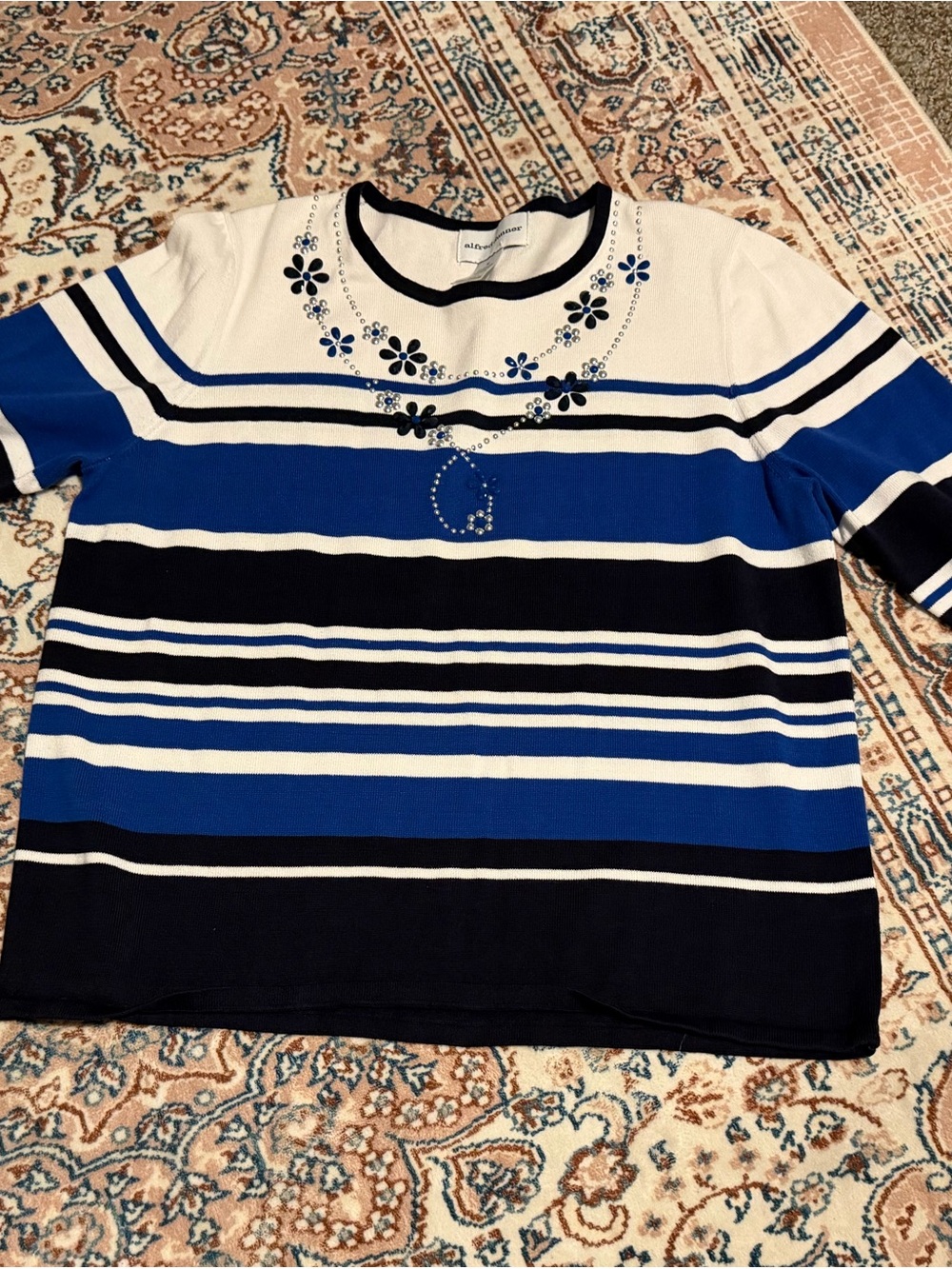 Striped Blue & White Short-Sleeve Top with Embellished Neckline
